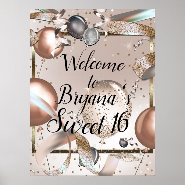 Roséguld Rosa Glittrande Ballonger Födelsedag Skyl Poster (Framsidan)