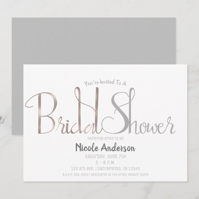 Roséguld Rosa & Grå Modern Bröllopsfest för Bruden Inbjudningar (Fram/baksida)