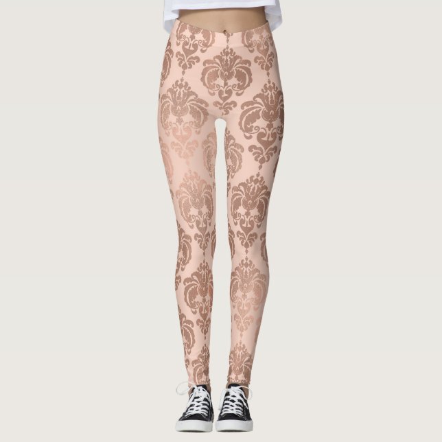 Roséguld Rosa Modern Glam Damask Leggings (Framsida)