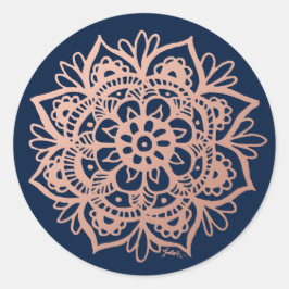Roséguld Rosa Mörkblå Mandala Blomma Runt Klistermärke
