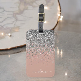 Roséguld Rosa Silver Glitter Monogram Bagagebricka
