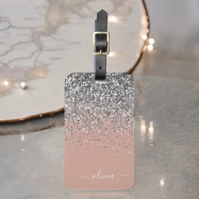 Roséguld Rosa Silver Glitter Monogram Bagagebricka (Skapare uppladdad)