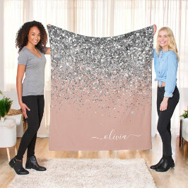 Roséguld Rosa Silver Glitter Monogram Fleecefilt