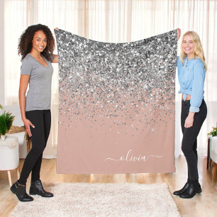 Roséguld Rosa Silver Glitter Monogram Fleecefilt