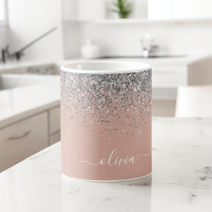 Roséguld Rosa Silver Glitter Monogram Girlig Kaffemugg