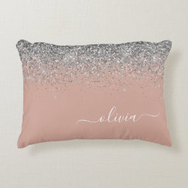 Roséguld Rosa Silver Glitter Monogram Prydnadskudde