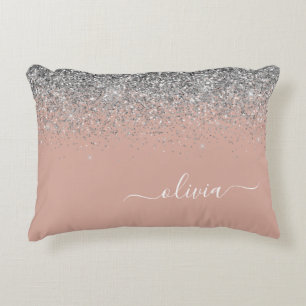 Roséguld Rosa Silver Glitter Monogram Prydnadskudde