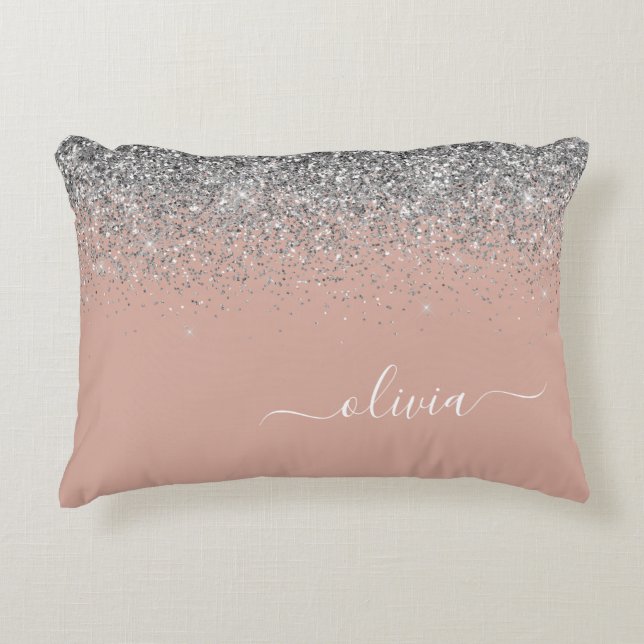 Roséguld Rosa Silver Glitter Monogram Prydnadskudde (Framsidan)