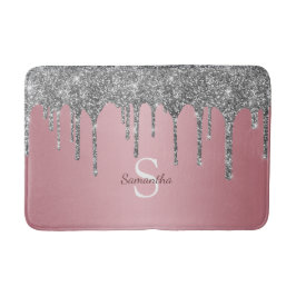 Roséguld Rosa Silver Glitterdroppar Monogramnamn Badrumsmatta