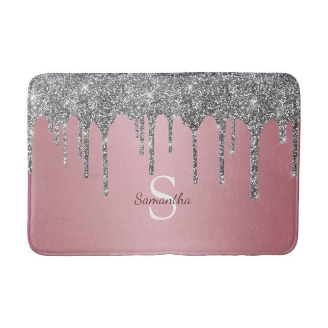 Roséguld Rosa Silver Glitterdroppar Monogramnamn Badrumsmatta (Framsidan)