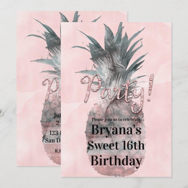 Roséguld Rosa Tropisk Sommar Pineapple Party Inbjudningar (Fram/baksida)