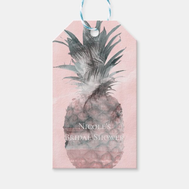 Roséguld Rosa Tropisk Sommar Pineapple Party Presentetikett (Framsidan)