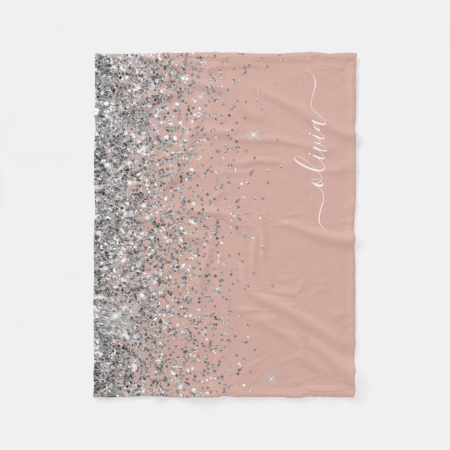 Roséguld Silver Glitter Monogram Fleecefilt (Framsidan)