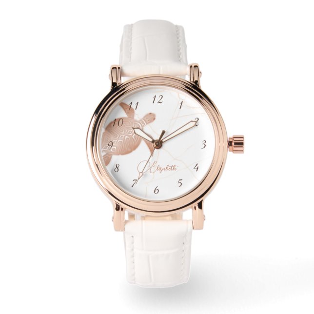 Roséguld Sköldpadda Vit Marmor Monogram Armbandsur (Framsida)