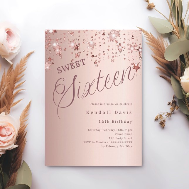 Roséguld stjärnor modern Sweet 16 Inbjudningar (Skapare uppladdad)