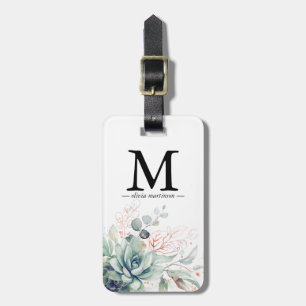 Roséguld Sukkulenter Grönska Monogram Bagagebricka