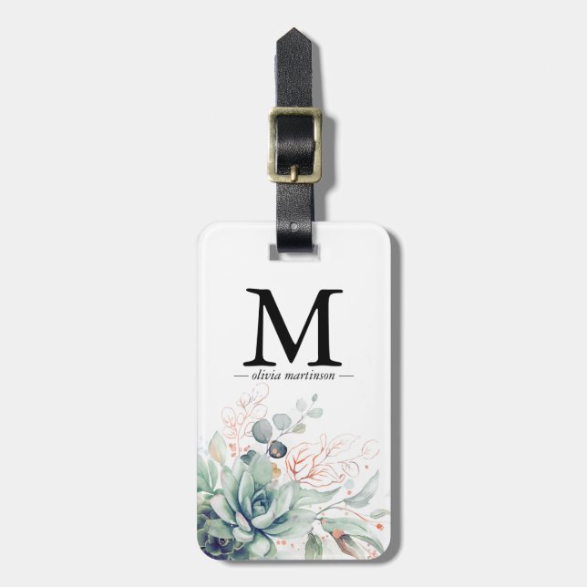 Roséguld Sukkulenter Grönska Monogram Bagagebricka (Vertikal Framsida)