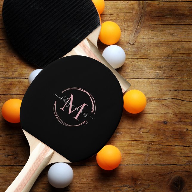 Roséguld Svart Monogram Kalligrafi Skriptnamn Pingisracket (Skapare uppladdad)