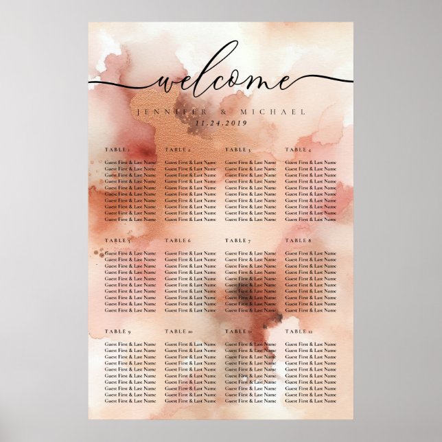 Roséguld Vattenfärg Rosa Bröllops Bordnummer Poster (Framsidan)