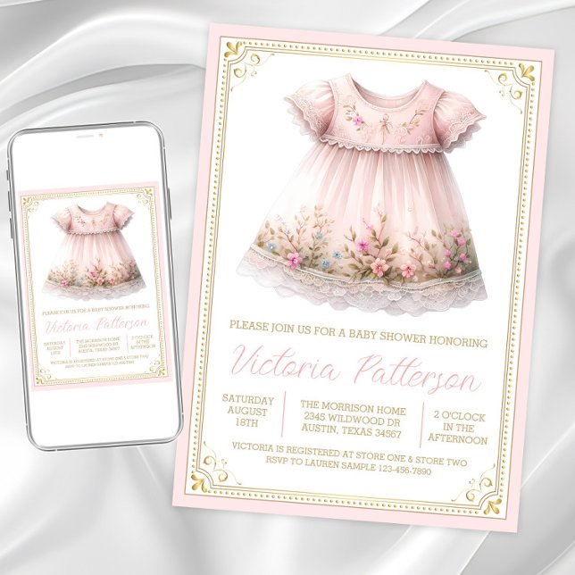 Roséguld Vildblomsdräkt Bebisdopp Inbjudningar (Sweet blush pink gold baby shower invitation. Instant download and printed invitations available.)