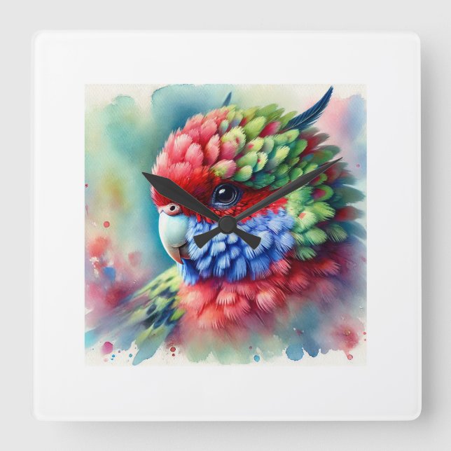 Rosella Parrot 220824AREF151 - Watercolor Fyrkantig Klocka (Framsida)