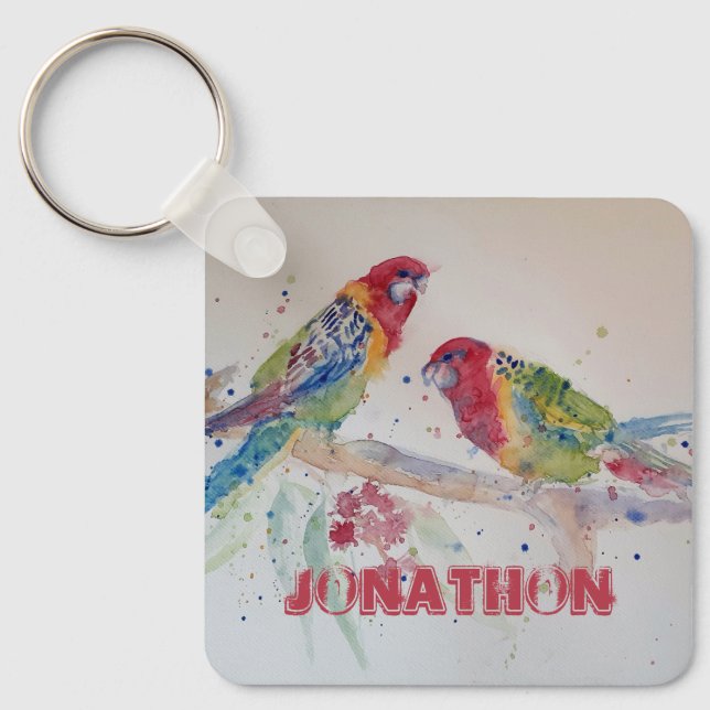 Rosella Parrot Bird Watercolor Boys Namn Nyckelrin Nyckelring (Framsida)