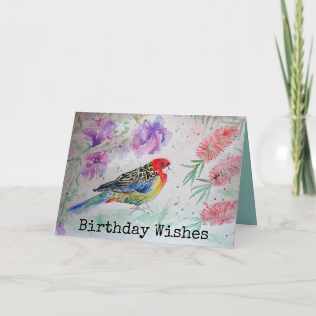Rosella Parrot med Bottlebrush Birthday Card Kort (Framsida)