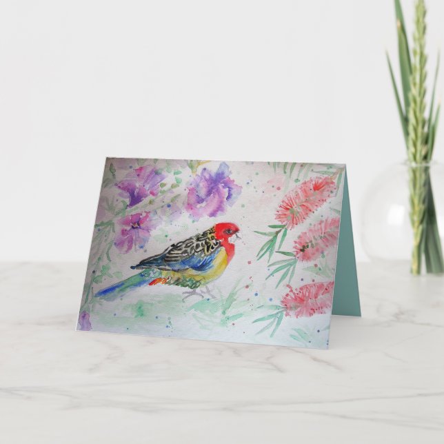 Rosella Parrot med Bottlebrush Birthday Card Kort (Framsida)