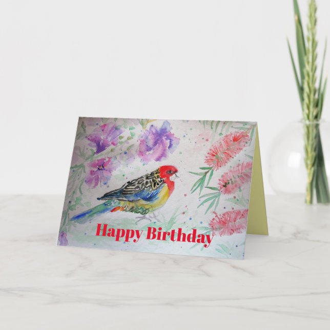Rosella Parrot med Red Bottlebrush Birthday Card Kort (Framsida)