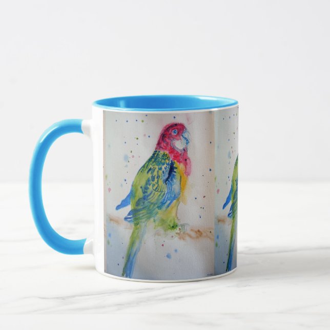 Rosella Parrot på gren Watercolor Mugg Blue (Vänster)