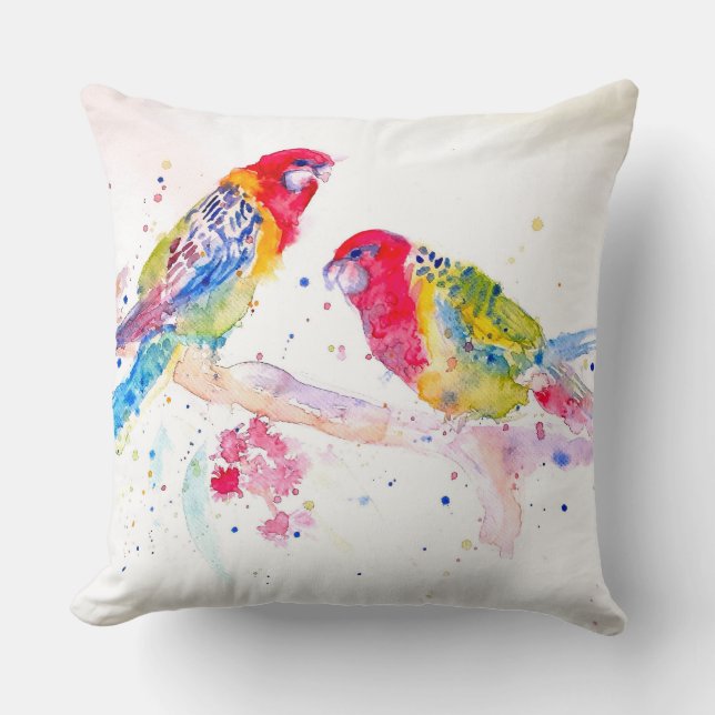 Rosella Röd Papegoja Vattenfärg målning Kudde (Framsida)