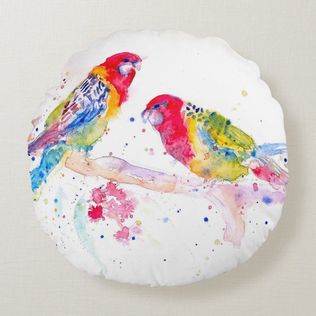 Rosella Röd Papegoja Vattenfärg målning Rund Kudde (Framsidan)