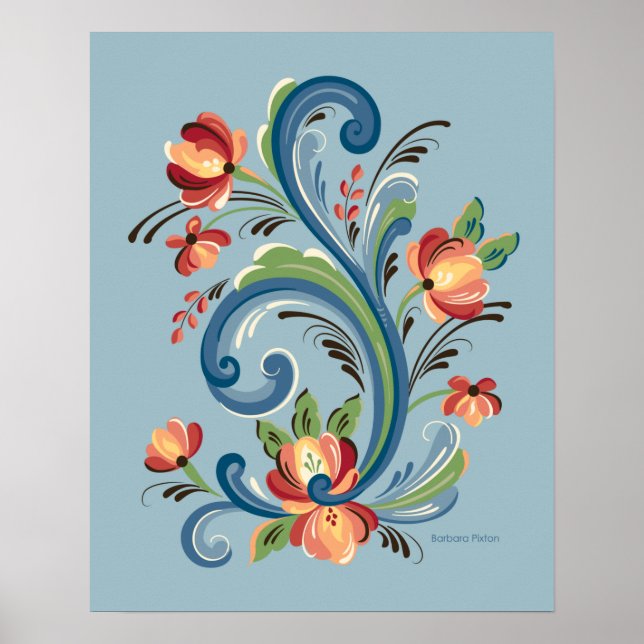 Rosemaling Blue and Red Poster (Framsidan)