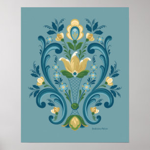Rosemaling Blue och Guld Poster