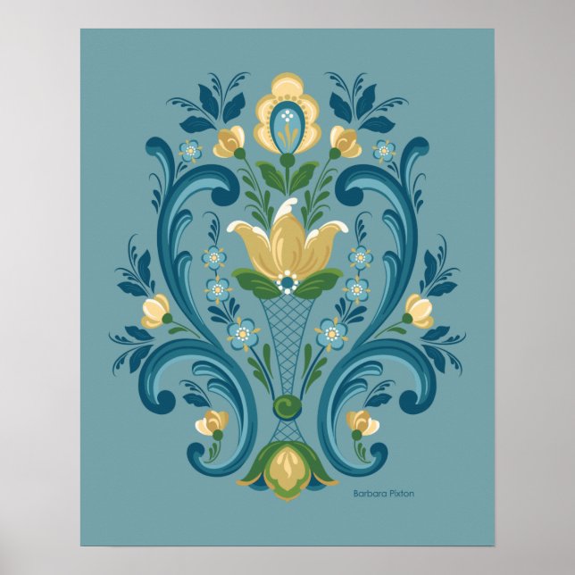 Rosemaling Blue och Guld Poster (Framsidan)