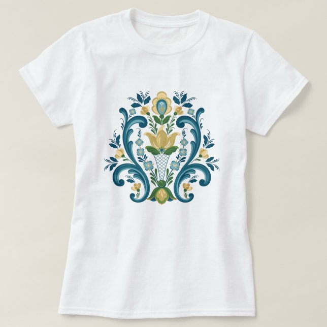 Rosemaling Blue och Guld T-Shirt (Design framsida)