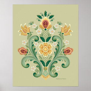 Rosemaling Grönt och Guld Poster