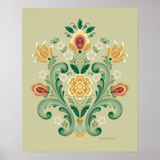 Rosemaling Grönt och Guld Poster