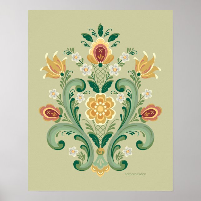 Rosemaling Grönt och Guld Poster (Framsidan)