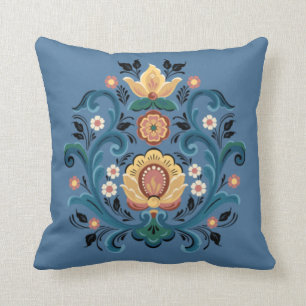 Rosemaling Guld och Burgundy Kudde