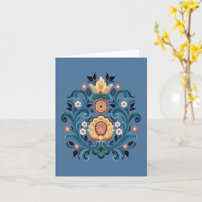 Rosemaling i Guld och Burgundy Greeting Card Kort (Gul blomma)