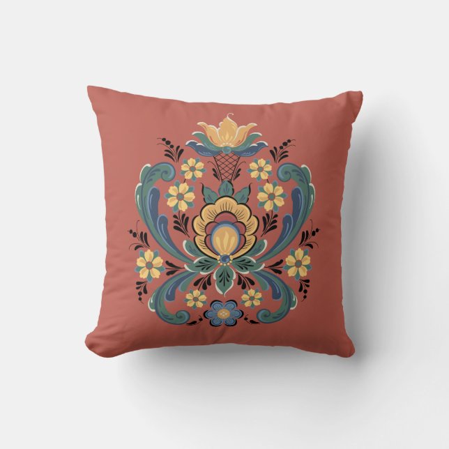 Rosemaling i Red och Guld Kudde (Framsida)