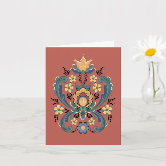 Rosemaling in Red and Guld Greeting Card Kort (Liten växt)