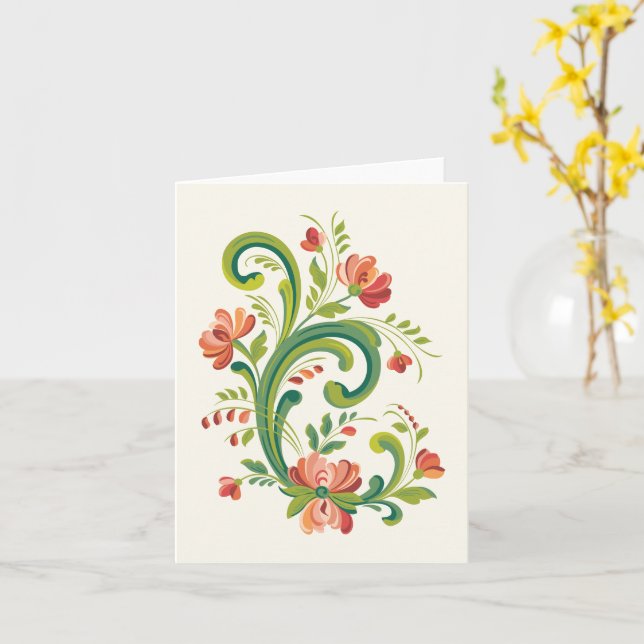 Rosemaling in Red and Rosa Greeting Card Kort (Gul blomma)