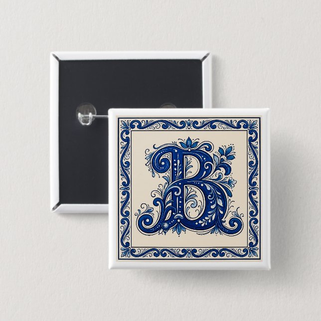 Rosemaling Monogram-Preussisk Blå Knapp (Framsida & baksida)