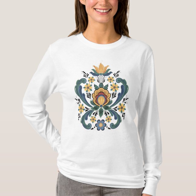 Rosemaling Red and Guld T-shirt (Framsida)