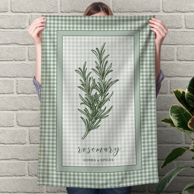 Rosemary ört köksduk – Grön Gingham-kant Kökshandduk (Rosemary Herb Kitchen Towel – Green Gingham Border)