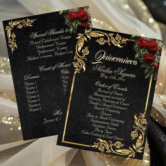 Rosen & Guldblad - Svart Quinceanera-program Program (Skapare uppladdad)