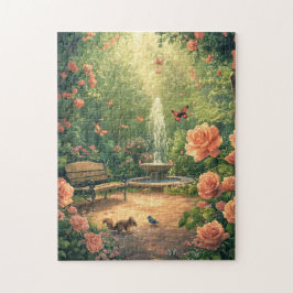 Rosengarten mit Springbrunnen im Sommer Pussel