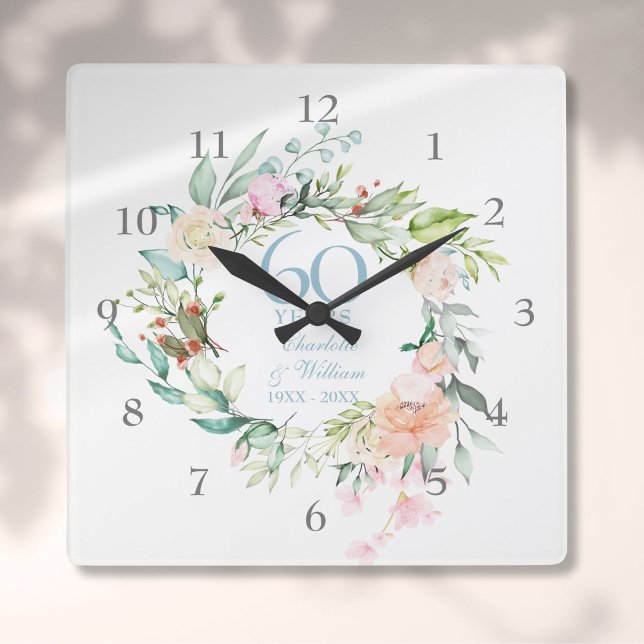 Rosengirland för 60-års / 75-års bröllopsjubileum fyrkantig klocka (60th / 75th Wedding Anniversary Roses Garland Square Wall Clock)